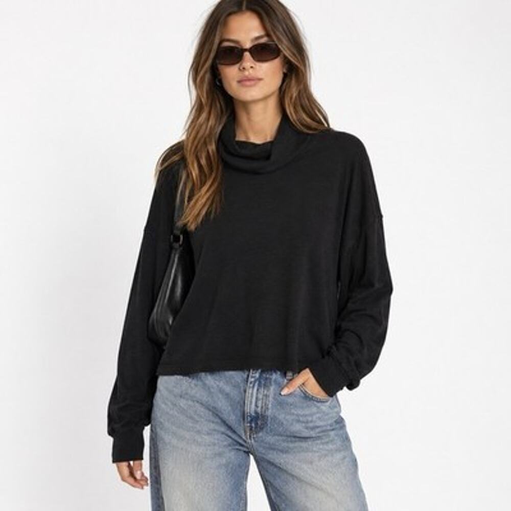 Bobi Los Angeles Black Cotton Funnel Neck Long Sleeve Top Minimalist Basic Sz L